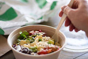 Biodigradable take out container with healthy meal