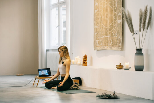 Yoga Instructor Teaching Online Mindfulness Meditation