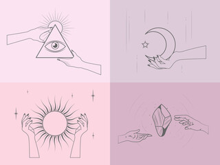 Set of alchemy esoteric mystical magic celestial talisman with woman hands, sun, moon, stars sacred geometry isolated. Minimalist woman cosmic objects