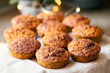 Pumpkin muffins on kitchen. Dietary product. Useful children's dessert. Bright. Seasonal product. Vegan diet