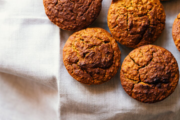 Homemade delicious vegan pumpkin muffins flat lay. Pumpkin muffins, healthy vegan snack