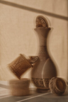 Still life marble vases on linen