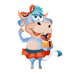 Cute character bull or cow with gift box, flat cartoon animal for holiday cards, posters and home decorations, cute characters with for luck isolated on white background