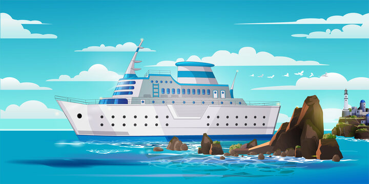 Cruise big ship good for travel and tourism ads, books, brochure leaflet book cover page, leisure luxury holiday. Sea landscape, blue sky,clouds,lighthouse on the shore and reefs