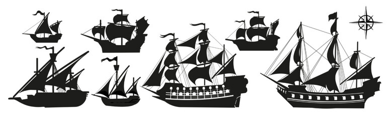 Pirate boats and Old different Wooden Ships with Fluttering Flags. Vector Set Old shipping sails traditional vessel pirate symbols garish vector illustrations.Black silhouettes collection set