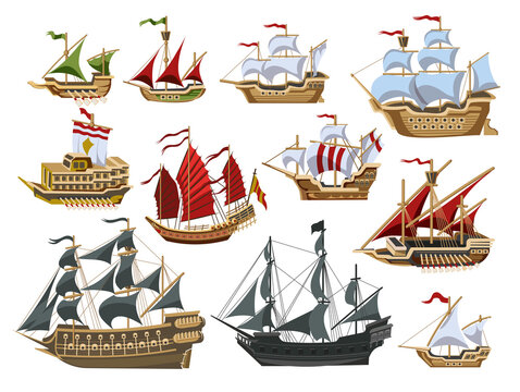 Pirate boats and Old different Wooden Ships with Fluttering Flags Vector Set Old shipping sails traditional vessel pirate symbols garish vector illustrations collection set