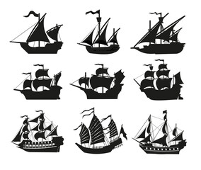 Pirate boats and Old different Wooden Ships with Fluttering Flags. Vector Set Old shipping sails traditional vessel pirate symbols garish vector illustrations.Black silhouettes collection set - obrazy, fototapety, plakaty