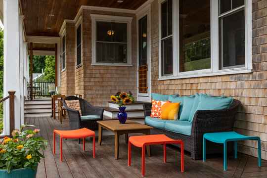 Outdoor Porch decor at home with flowers 