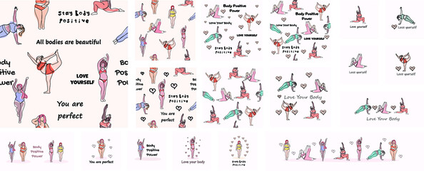 Mega set of body positive. Body positive concept. Illustrations for seamless pattern, postcard, poster, banner, print, textiles. Happy plus size girls doing yoga, fitness