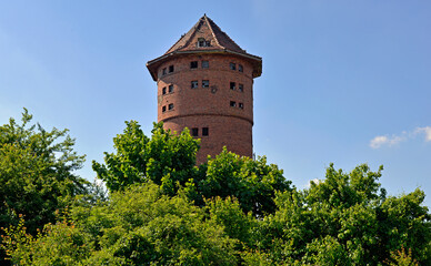 Built in 1934, the railway water tower in the town of Nidzica in warmi, Poland. In 2005 it was entered in the register of monuments.