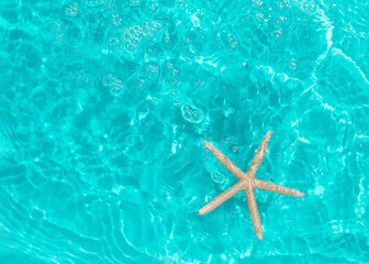 Fototapeta na wymiar Natural creative background made of starfish and reflections of the sun in the turquoise water. Sun and shadows. Summer beach vacation concept. Minimal flat lay.