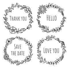 Set of black doodle round frames, vignettes for bullet journal, notebook, diary, and planner isolated on white background. Hand-drawn wreaths with space for your text 