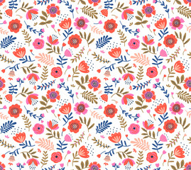 Vector seamless pattern. Folk pattern in small flowers. Small red and pink flowers. White background. Ditsy floral background. The elegant the template for fashion prints. Stock vector.