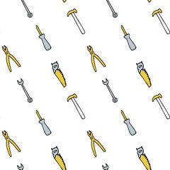 Seamless pattern with repair tools: screwdriver, pliers, saw, hammer, adjustable wrench. Design for wallpaper and wrapping, fabric and textile.