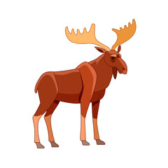 Moose or Elk, Alces alces. Beautiful animal in the nature habitat. Wildlife scene. Cartoon character vector flat illustration isolated on a white background