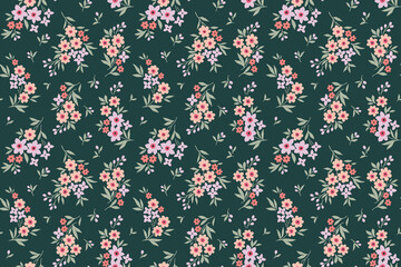 Fototapeta na wymiar Cute seamless vector floral pattern. Endless print made of small coral and lilac flowers. Summer and spring motifs. Dark green blue background. Stock vector illustration.