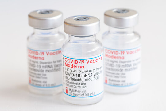 Vials of Moderna vaccine (COVID-19 mRNA, nucleoside modified) for coronavirus treatment.