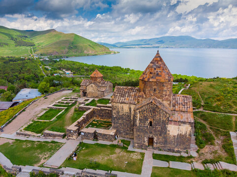 Top View Sevanavank Monastery dramatic sky at sunset, Armenia