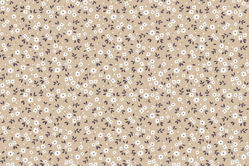 Trendy seamless vector floral pattern. Endless print made of small white flowers. Summer and spring motifs. Beige background. Stock vector illustration.