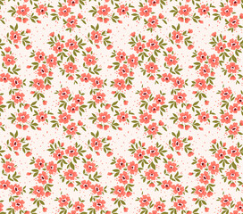 Cute seamless vector floral pattern. Cute print made of small coral flowers. Summer and spring motifs. White background. Stock vector illustration.