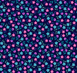 Cute seamless vector floral pattern. Cute print made of small blue and purple flowers. Summer and spring motifs. Dark blue background. Stock vector illustration.