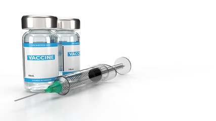 Vaccine bottle and syringe on white background, 3D rendering illustration