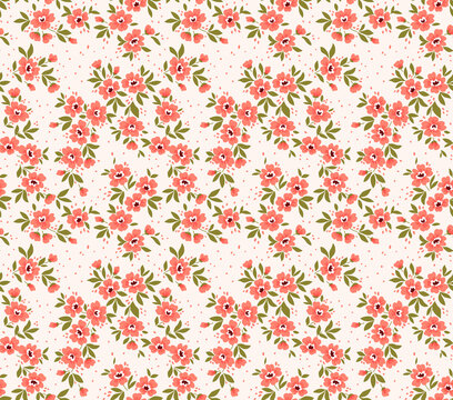 Cute seamless vector floral pattern. Cute print made of small coral flowers. Summer and spring motifs. White background. Stock vector illustration.