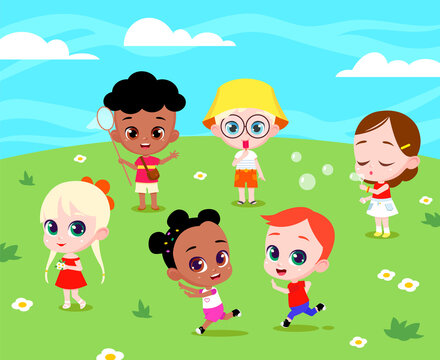 Kids Playing Outside together. Children Game on summer park landscape background. Happy little boys and girls run, eat ice cream, make soap bubble, Play with butterfly net. Vector cartoon illustration