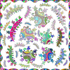 Seamless pattern with interesting doodles on colorfil background. Raster illustration.