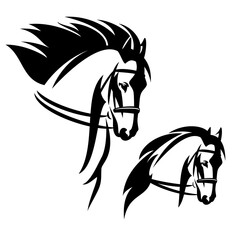 bridled horse with flying mane profile head black and white vector outline portrait set - obrazy, fototapety, plakaty
