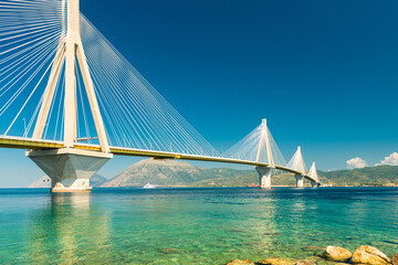 Modern Bridge Rion-Antirion. The bridge connecting the cities of Patras and Antirrio, Greece