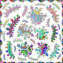 Obraz premium Seamless pattern with interesting doodles on colorfil background. Raster illustration.