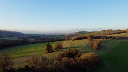 Fototapeta na wymiar Aerial sunrise on English countryside.