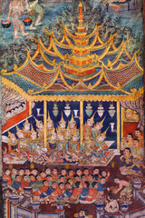 Wall Painting from the Chiang mai History at Wat Phra Singh Waramahavihan in Chiang Mai, Thailand.