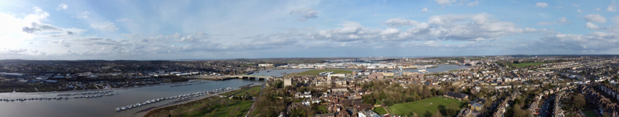 Fototapeta na wymiar Aerial view of a town on a river.