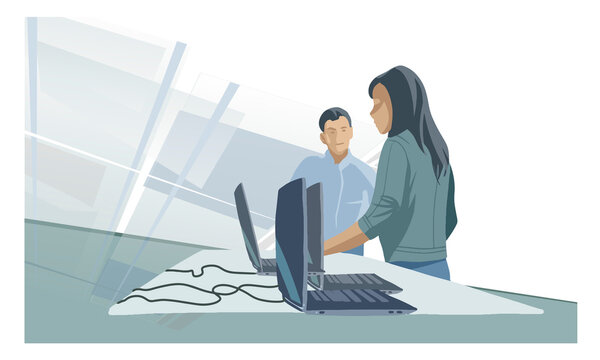 Business woman and man working on laptop. Two people. Style modern background. Discussion, conversation, business partnership, team. Flat cartoon colorful vector illustration.