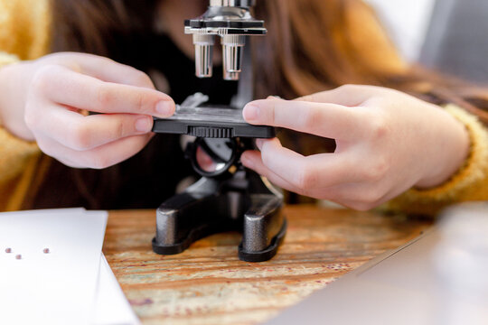 kid Girl Looking seeds Through A School Microscope 
