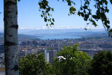 Panorama view over the City of Zurich with lake Zurich and Swiss alps in the background at a beautiful summer day. Photo taken June 14th, 2021, Zurich, Switzerland.