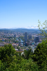 Panorama view over the City of Zurich with river Limmat and Swiss alps in the background at a beautiful summer day. Photo taken June 14th, 2021, Zurich, Switzerland.