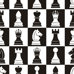 Seamless black and white pattern with chess pieces on board. Sports background in a hand drawn style. Vector illustration for the design of sports chess projects.