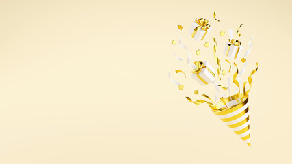 Golden party popper with flying confetti and gift boxes 3d render illustration. - obrazy, fototapety, plakaty