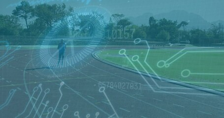 Animation of data processing over disabled male athlete with running blades on racing track - Powered by Adobe
