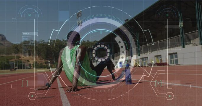 Animation of data processing over disabled male athlete on racing track