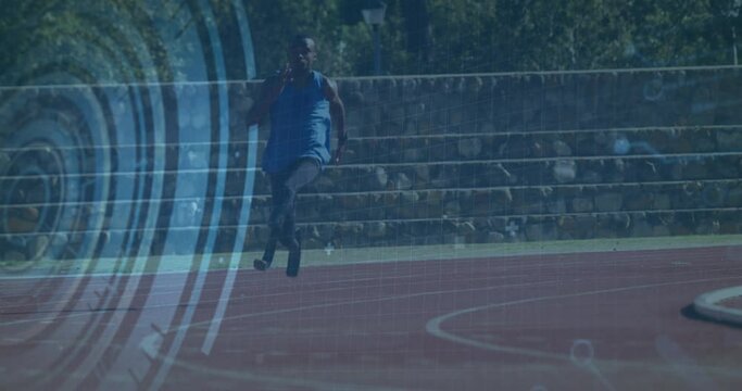 Animation of digital data processing over disabled male athlete with running blades on racing track