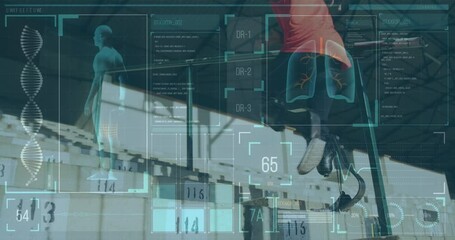 Animation of digital data processing over disabled male athlete with running blades in stadium - Powered by Adobe