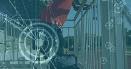 Animation of digital data processing over disabled male athlete with running blades drinking water - Powered by Adobe