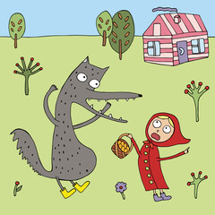 Illustration for a children s book. Little red riding hood and gray wolf. Vector. Drawn by hand in doodle style. Funny characters in cartoon style.