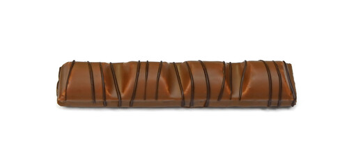 Black chocolate bar with soft hazelnut filling isolated on white background.