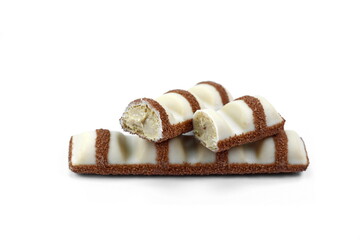 White Chocolate Bar with soft hazelnut filling isolated on white background.