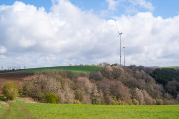 Trees and wind turbines in the field with cloudy sky 